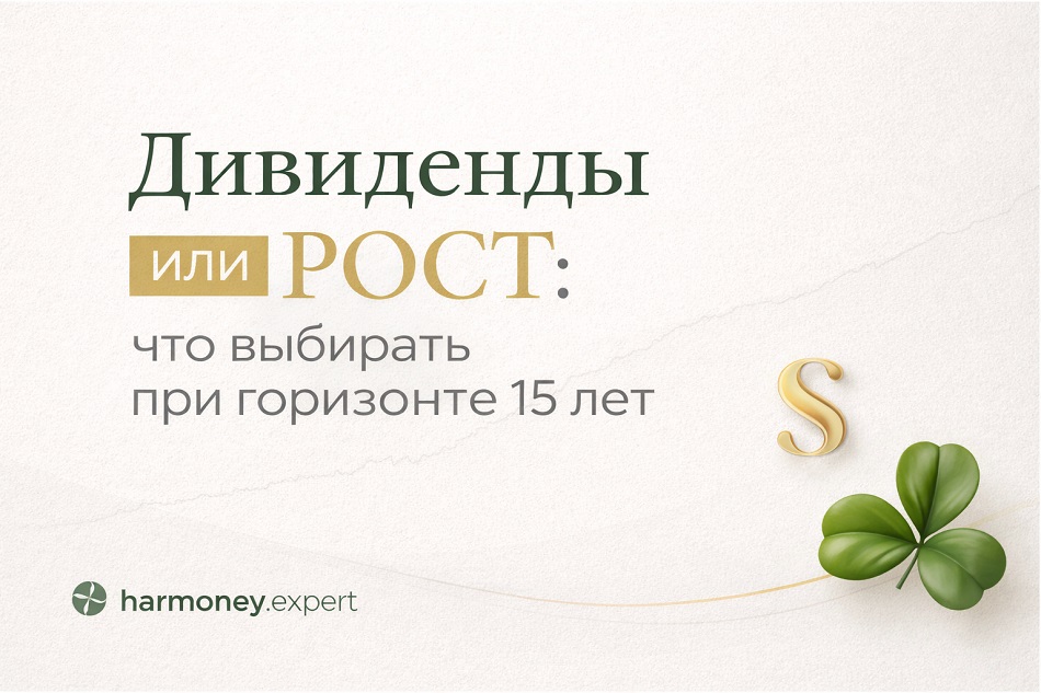 Обложка статьи «Дивиденды или рост: что выбирать при горизонте 15 лет» с лёгкой линией долгосрочного роста, золотой буквой S и зелёным трилистником