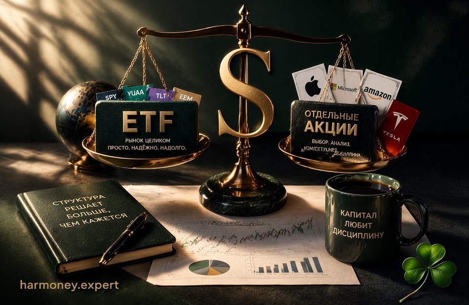 Обложка статьи о выборе между ETF и отдельными акциями: весы на столе, где одна чаша символизирует ETF, а другая — отдельные акции; рядом блокнот, графики, чашка кофе и фирменный логотип harmoney.expert.