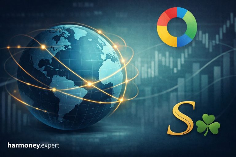 Обложка статьи о географической диверсификации: глобус с золотыми орбитами на фоне финансового графика, в правом верхнем углу кольцевая диаграмма, внизу логотип с золотой буквой S, зелёным трилистником и надписью harmoney.expert.