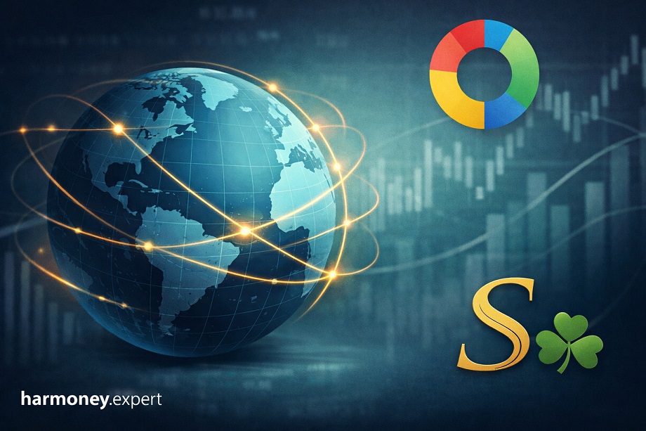Обложка статьи о географической диверсификации: глобус с золотыми орбитами на фоне финансового графика, в правом верхнем углу кольцевая диаграмма, внизу логотип с золотой буквой S, зелёным трилистником и надписью harmoney.expert.
