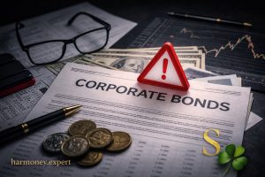 Обложка статьи о рисках корпоративных облигаций: на темном рабочем столе лежит документ «Corporate Bonds» с красным предупреждающим знаком, рядом монеты, ручка, очки и график снижения на фоне; в правом нижнем углу — маленькая золотая буква S и зеленый трилистник, в левом нижнем — harmoney.expert.