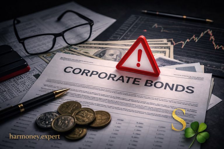 Обложка статьи о рисках корпоративных облигаций: на темном рабочем столе лежит документ «Corporate Bonds» с красным предупреждающим знаком, рядом монеты, ручка, очки и график снижения на фоне; в правом нижнем углу — маленькая золотая буква S и зеленый трилистник, в левом нижнем — harmoney.expert.
