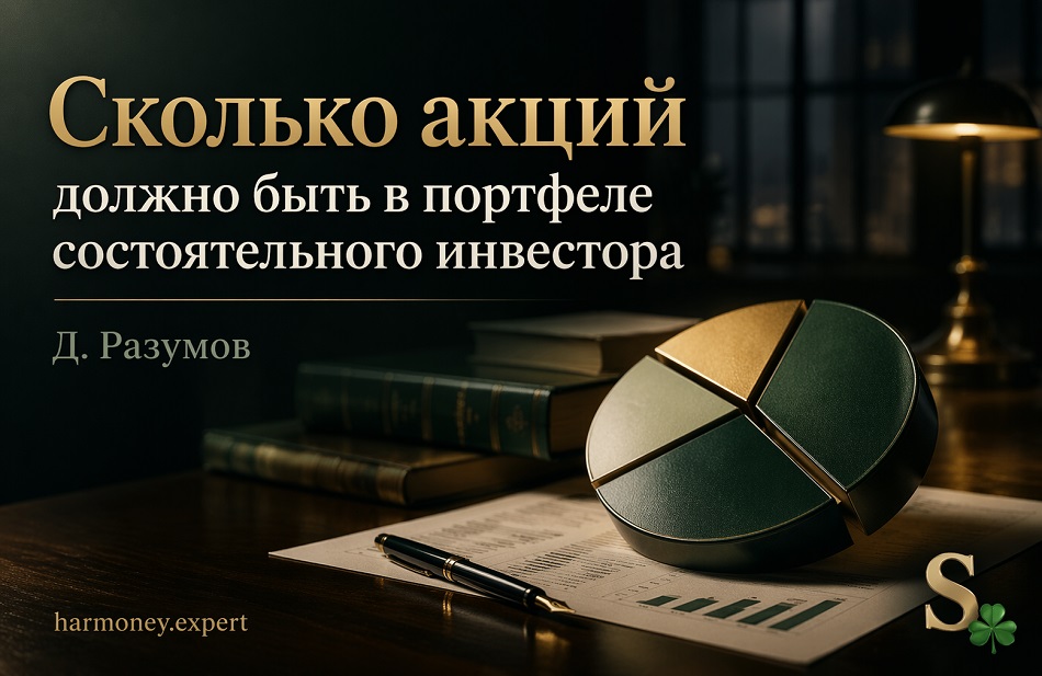 Тёмная премиальная обложка: книги, документы и зелёно-золотая круговая диаграмма как символ структуры портфеля состоятельного инвестора.