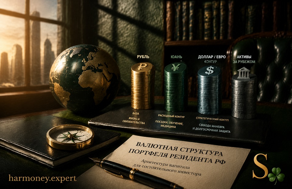 Обложка статьи о валютной структуре портфеля: на темном рабочем столе глобус, компас, ручка и несколько столбиков монет, символизирующих рубль, юань, доллар/евро и зарубежные активы; внизу слева надпись harmoney.expert, внизу справа золотая буква S и зеленый трилистник.