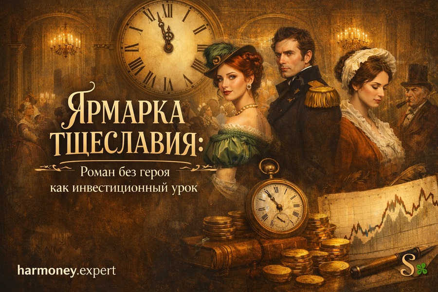 Обложка к статье «Ярмарка тщеславия: роман без героя как инвестиционный урок» — викторианская сцена в премиальном сдержанном стиле, с образом тщеславия, денег и статуса; в правом нижнем углу маленькая строгая золотая буква S и зелёный трилистник, в левом нижнем углу надпись harmoney.expert.