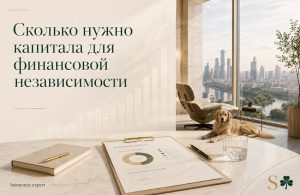 Обложка статьи о том, сколько нужно капитала для финансовой независимости: светлый кабинет с видом на город, финансовый план, инвестиционные расчёты и собака у кресла