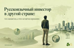 Русскоязычный инвестор в другой стране на фоне мировой карты, города и финансовых диаграмм