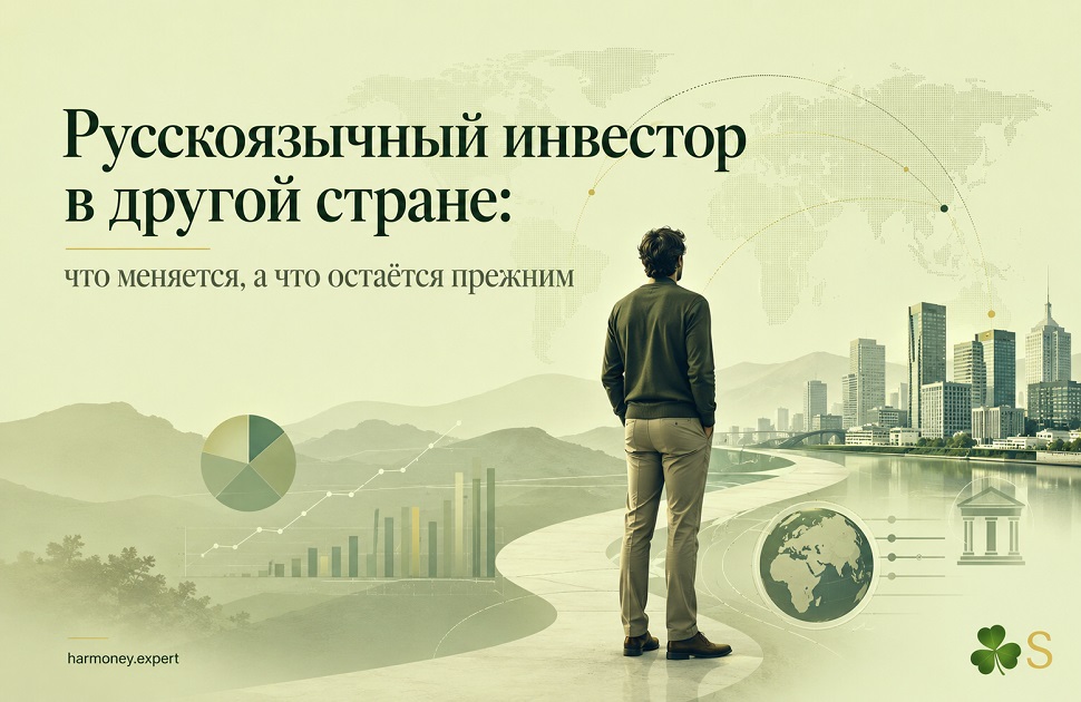 Русскоязычный инвестор в другой стране на фоне мировой карты, города и финансовых диаграмм