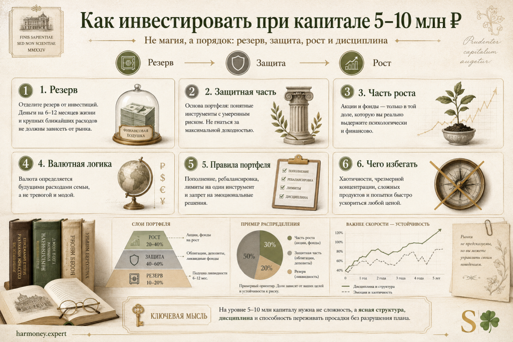 Премиальная инфографика к статье о том, как инвестору с капиталом 5–10 млн рублей выстроить понятную структуру портфеля, отделить резерв от инвестиций, определить защитную часть, долю роста, валютную логику и избежать хаотичных решений.