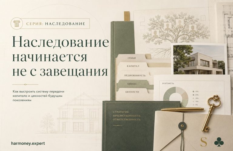 Обложка статьи о наследовании капитала: семейное дерево, документы, недвижимость, портфель и ключ как символ передачи активов будущим поколениям
