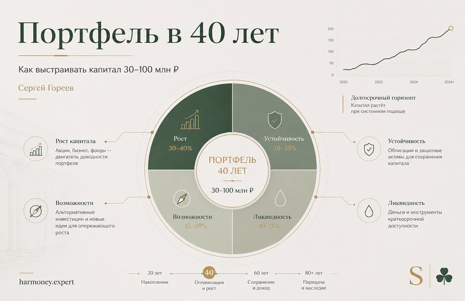 Строгая инфографика о портфеле инвестора в 40 лет с капиталом 30–100 млн рублей